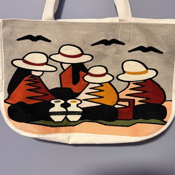 Ecuadorian Embroidered Indigenous Cotton Tote Bag Terracotta Earth Tones white - Picture 4 of 7
